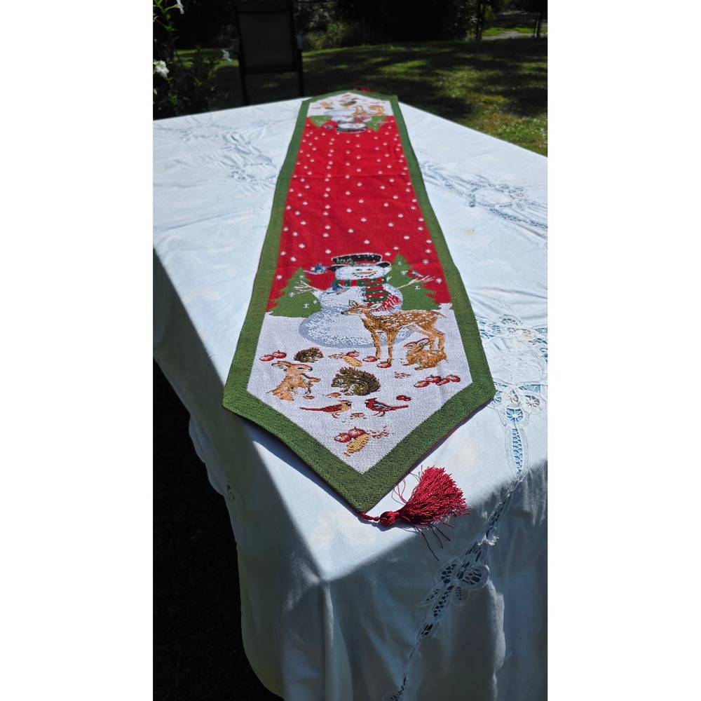 Christmas Table Runner Snowman Holiday Embroidered‎ Tassel Woodland Creatures